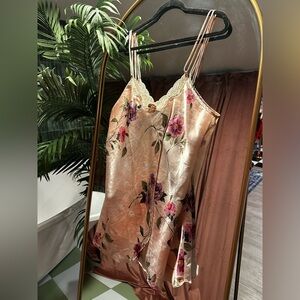 Floral Satin Slip Dress with Lace Trim